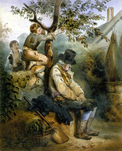 孩子们在熟睡的农民鼻子下偷苹果 - Grenier 的平版印刷术，v.1840 作者 欧内斯特（后）格里尼尔（Grenier）