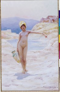 阿尔及利亚女孩拿着水壶 戴帽子的裸体女孩在沙漠绿洲的水源附近拿着水壶。水彩画作者：路易-欧内斯特-莱西厄（1874-1925 年）：普罗旺斯问候基金会收藏，马赛 作者 欧内斯特·路易·莱西克斯