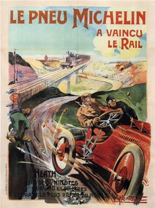 由荒地驾驶的 Panhard 和 Levassor 赛车 - Michelin Tyres (Pneu) - Montaut, Ernest (1879-1909) - 1905 - 彩色石版画 - 私人收藏