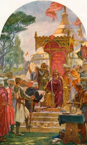约翰国王于1215年6月15日在英国温莎附近的泰晤士河畔，在Runnymede批准Magna Carta。来自Cassell的英国历史，出版c.1901