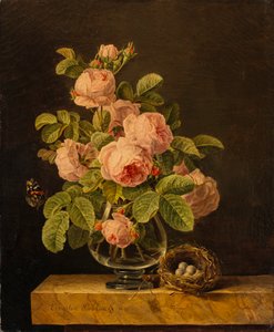 Ernestine Panckoucke - 一个玫瑰花瓶，瓶口有一只蝴蝶和一个鸟巢