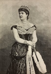 萨瓦的玛格丽特（1851-1926 年），1878-1900 年间的意大利王后，照片由 Cattani、Bertelli 和 de Hagen 提供，Ernesto Mancastroppa 刻版，摘自《意大利画报》，1 月 2 日第 1 期