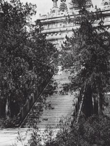 北京，四山，皮云寺，池里，北京附近的西山，通往大理石塔的台阶（黑白照片） 作者 恩斯特·波尔施曼
