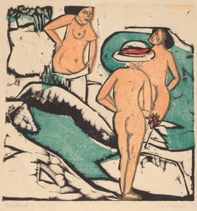 妇女在白色石头之间沐浴，1912年（彩色木刻印成黑色，绿色，橙色和红色）