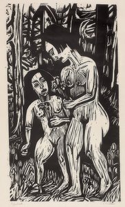 有花的两个赤裸女孩在森林里。 1923年