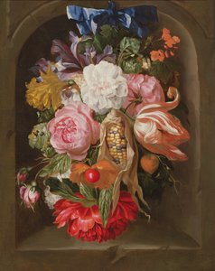 玉米芯，玫瑰，鹦鹉郁金香，鸢尾花和其他花卉的静物从蓝丝带暂停，在石头利基