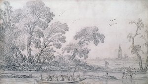 运河上的马车渡口，海牙之外（黑色粉笔画）