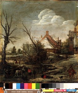 Hiver（冬季）。Esalas van de Velde（1591-1630 年）的绘画作品。木板上的水彩画，37.5 x 35.5 厘米