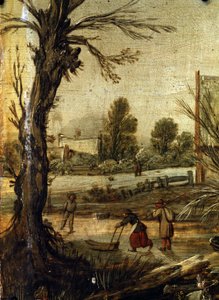 Hiver，细节（冬季）。Esalas van de Velde（1591-1630 年）的绘画作品。木板上的水彩画，37.5 x 35.5 厘米