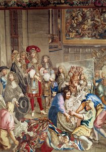 路易十四在让·巴蒂斯特 (Jean-Baptiste) Colbert (1619-1683)（侧面，国王右侧）和画家查尔斯·勒布伦 (Le Brun) (1619-1690) 的见证下参观戈布兰工厂 ），10 月 15 日 作者 Etienne (工作室) Le Blond
