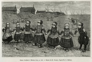 Marken（荷兰）的儿童舞蹈，根据 E.Ronjat 的一幅画雕刻，以说明 Neerlande 的故事，Charles de Coster 于 1878 年在世界巡回展上发表，由 Edouard Charton 指导 作者 艾蒂安·安托万·尤金·罗纳特
