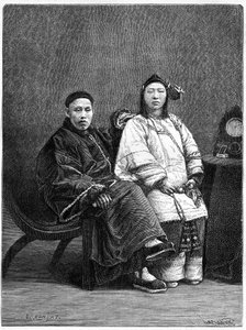 19 世纪来自旧金山（美国）的几位中国名人。 在 Ronjat 的一幅画之后雕刻，在一张照片之后，在“Le Tour du Monde，Nouveau journal des Voyages”，由 Edouard Charton 编辑，巴黎 作者 艾蒂安·安托万·尤金·罗纳特