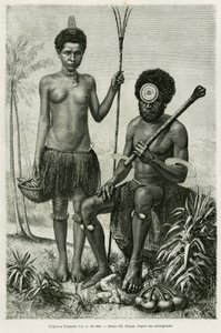 Fijian couple. Engraving by E.Ronjat to illustrate the story Promenades en Oceanie, by Aylic Marin, in le tour du monde 1887, directed by Edouard Charton (1807-1890), Hachette, Paris.