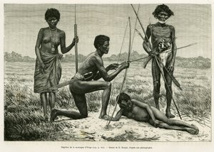 Negritos of Yriga Mountain. Engraving by E.Ronjat to illustrate the story Lucon and Palaouan, six years in the Philippines, by Alfred Marche (1844-1898), in le tour du monde 1886, directed by Edouard Charton (1807-1890), Hachette, Paris.