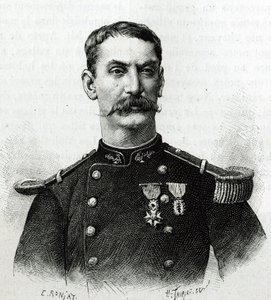 在远征非洲期间（1879-1882 年），指挥官约瑟夫·加利尼 (Joseph Gallieni) 的肖像。 E. Ronjat 在一张照片后雕刻，以说明第 1 任指挥官 Joseph Gallieni（1849-1916）的故事“Exploration du Haut Niger（Haut Niger）”（今马里） 作者 艾蒂安·安托万·尤金·罗纳特