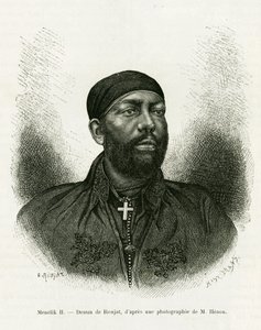 埃塞俄比亚王子孟尼利克二世 (1844-1913) 的肖像。 由 Ronjat 雕刻，在一张照片之后，以说明 Voyage au Choa (Abyssinie meridionale) 的故事