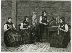 Sondernach spreaders, description of the different stages of spinning, hand, spindle and spindle. Engraving by E.Ronjat, to illustrate the story “Atravers l