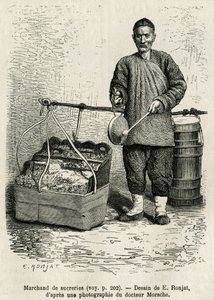 走在北京故宫东方花门的糖商，敲着扁鼓，提请注意他的杏干、蜜饯和焦糖酒。 在 E.Ronjat 的绘图后雕刻，以说明通往 P 的旅程