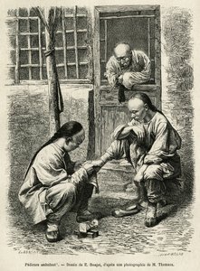 步行修脚，中国城市日常生活中常见的场景。 E.Ronjat 绘图后的版画，说明前往北京和华北的旅程，T.Choutze，1873 年，发表于“Le tour du monde””，1876 年，Edouard Charton 编辑 作者 艾蒂安·安托万·尤金·罗纳特
