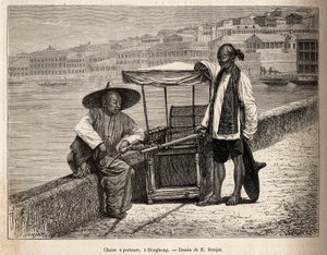 在香港，坐在轮椅旁休息的两名搬运工，根据 E. Ronjat 的一幅描绘中国航行的图画，J. Thompson 于 1870-1872 年间雕刻，发表于“Le tour du monde””，1875 年编辑 爱德华·查顿，阿歇特版，巴黎。 秒 作者 艾蒂安·安托万·尤金·罗纳特