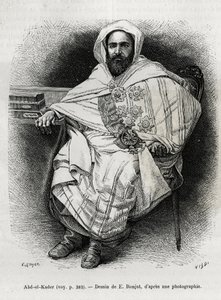 Abd El Kader（1808-1883）的肖像，阿尔及利亚埃米尔和苏丹，苏菲派神学家，政治家和对法国殖民军队的军事抵抗，也是作家、诗人和哲学家。E.Ronjat的雕刻，为M.Ronjat的故事《今日的叙利亚》作插图。