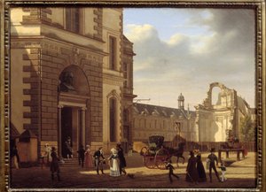 卢浮宫博物馆和圣路易斯杜卢浮宫遗址的入口。 巴黎全景。 Etienne Bouhot (1780-1862) 的绘画