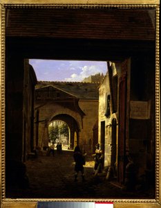 位于 rue Saint Denis 的驾驶室庭院，被称为巴黎第一区的庭院 Sainte Catherine Scene。 Etienne Bouhot (1780-1862) 1832 年作画 0,27x0,22 m 巴黎，Musee Carnavalet。