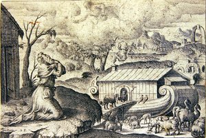 诺亚听从上帝的指示装满方舟（雕刻）。