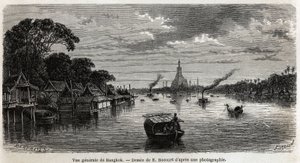曼谷（泰国）全景，由E.Bocour绘制，用于说明亨利-穆霍特1858年至1861年在暹罗、柬埔寨和老挝王国的旅程。雕刻在《世界之旅》中，由爱德华-沙尔东编辑。