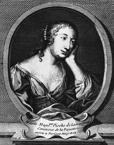 法国小说家拉斐特伯爵夫人玛丽·玛德琳·皮奥什·德·拉韦尔涅 (Marie-Madeleine Pioche de La Vergne, 1634-1693) 的奖章肖像，由艾蒂安·杰汉迪埃·德罗彻 (Etienne Jehandier Desrochers, 1668-1741) 雕刻