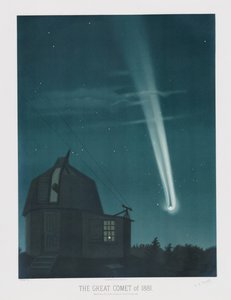 1881 年的大彗星，于 6 月 25 日至 26 日晚上凌晨 1 点 30 分观测到，来自 1881 年特鲁夫洛天文图，酒吧。 1881年（彩色石版画） 作者 ÉtienneLéopoldTrouvelot