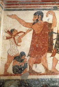 一个角色，可能是这场比赛的裁判。 （壁画细节，公元前 530 年） 作者 Etruscan