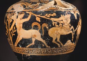 半人马座画家的Amphora，细节显示半人马之间的战斗。波拉诺（翁布里亚）的红纹陶器。伊特鲁里亚文明，公元前4世纪。 作者 伊特鲁里亚语