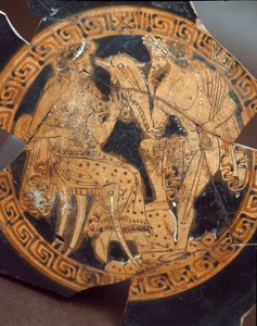 Etruscan antiquite：表现波塞冬和安菲特里特的Kylix的细节。来自Falerii Veteres（Civita Castellana）公元前6世纪。罗马，国家朱利亚别墅博物馆 作者 伊特鲁里亚语
