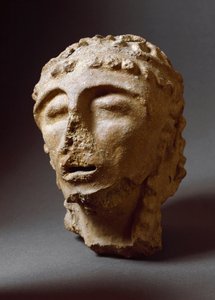 伊特鲁里亚文明。兵马俑的人头。公元前550-530年。出自穆尔洛第二宫。Depositi Soprintendenza Archeologica del 