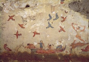 渔夫在船上和鸟类飞行，从捕鱼和狩猎之墓，公元前520  -  510年（壁画） 作者 伊特鲁里亚语