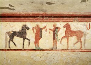 从公爵夫人的坟墓拿着缰绳的马和骑兵，公元前500年（壁画） 作者 Etruscan