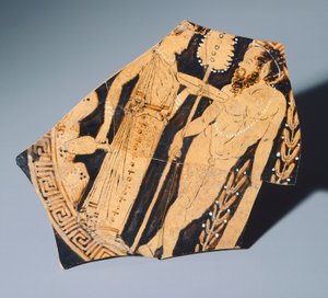 Villia Giulia画家的Kylix，碎片。红色图案的陶器。伊特鲁里亚文明，公元前4世纪。 作者 伊特鲁里亚语