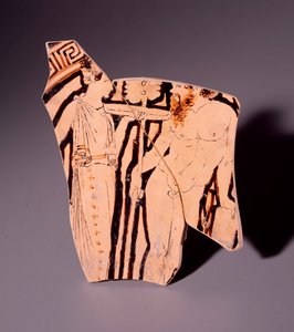 表现麦纳德和萨提尔的基利克斯陶器碎片，公元前350年 作者 伊特鲁里亚语
