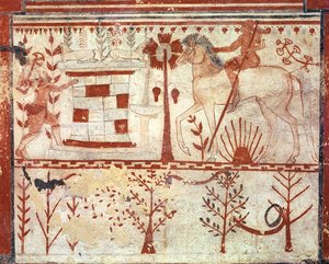 阿基里斯伏击特洛伊王子特洛伊罗斯，出自公牛之墓（Tomba del Tori），约公元前 540 年（壁画） 作者 伊特鲁里亚语