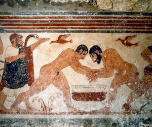 两个摔跤手。(壁画细节，公元前530年) 作者 Etruscan