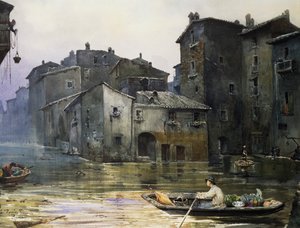 罗马Fiumara大街被淹没，埃托里-罗斯勒-弗朗茨（1845-1907），水彩画，意大利