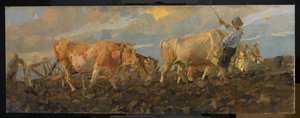 Oxen Plowing，1911年（亚麻油） 作者 埃托尔·铁托（Ettore Tito）