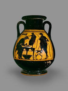 公元前5世纪初（陶瓷）用鞋子切割皮革的场景装饰阁楼黑色图案 作者 圣体画家