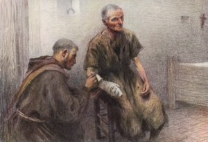 本蒂沃利亚修道士照顾一名麻风病人（彩色石版画）