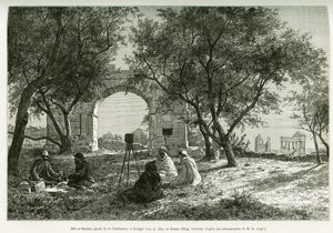 Bab-er-Roumia (Bab er Roumia), gate of the Christian woman, Roman ruins in Dougga, picnic of travelers and their guides, around a camera. Engraving by Eugene Girardet, to illustrate the story Voyage en Tunisie, by R.Cagnat and H.Saladin, charges of an arch 作者 尤金·亚历克西斯·吉拉德（Eugene Alexis Girardet）