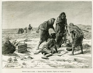 埋在沙子里。Eugene Girardet的版画，用于说明1887年在西撒哈拉游牧荒原上的五个月，由Camille Douls创作，载于1888年的世界之旅，由Edouard Charton（1807-1890）指导，Hachette，巴黎。