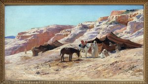 营地》，尤金-吉拉尔代（1853-1907 年）的布面油画，一群阿拉伯旅行者（贝都因人）在沙丘景观中的营地。尺寸：50x60 厘米。50x60 厘米。摄影：KIM Youngtae，南特，南特美术馆。