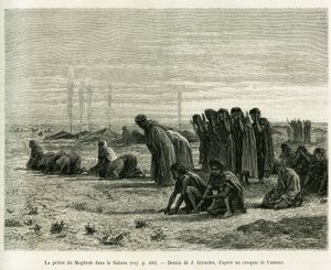 The Moghreb prayer in the Sahara. Engraving by J.Girardet, to illustrate the story Cinq mois chez les moures nomades du Sahara occidental, in 1887, by Camille Douls, in le tour du monde 1888, under the direction of Edouard Charton (1807-1890), Hachette, Pa