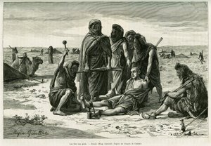 脚上的镣铐。尤金-吉拉尔代的版画，为1887年卡米尔-杜尔斯在《1888年世界之旅》中的故事《Cinq mois chez les moures nomades du Sahara occidental》作插图，由爱德华-查顿（1807-1890）指导，巴黎哈谢特出版社。
